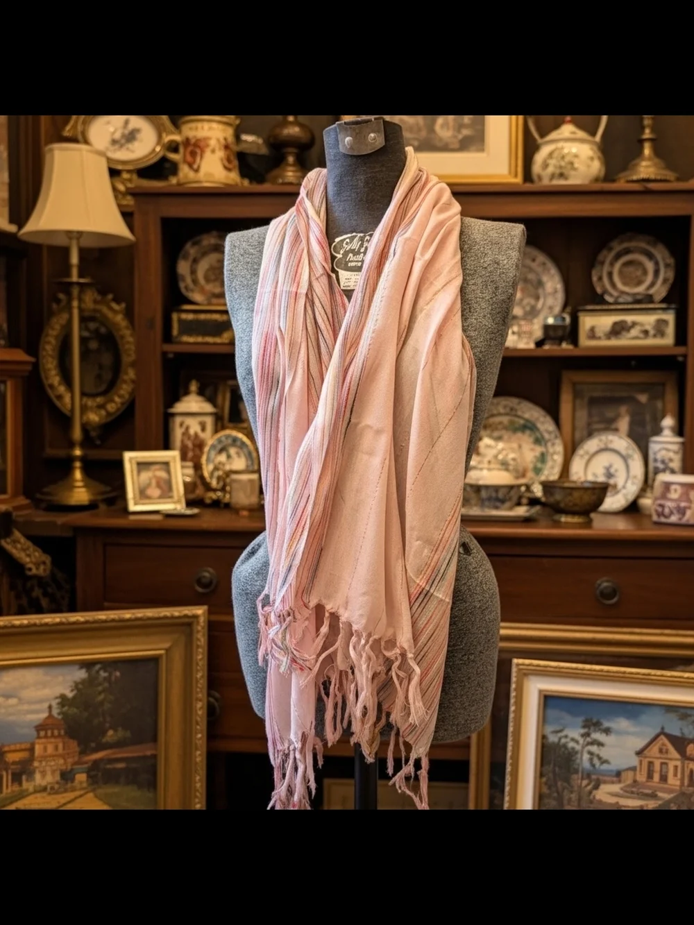 Artisan-Style Mixed Fiber Soft Pink Striped Fringe Shimmering Scarf Wrap 24